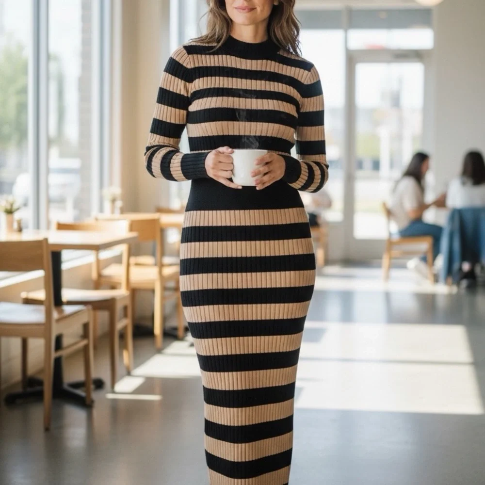 New York & Co.- Gabrielle Union collection - Elegant Striped Long Sleeve Dress - Picture 4 of 15